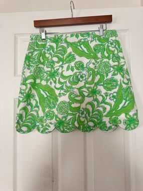 Lilly Pulitzer White Skirt with Bright Green Floral Print and scalloped hem